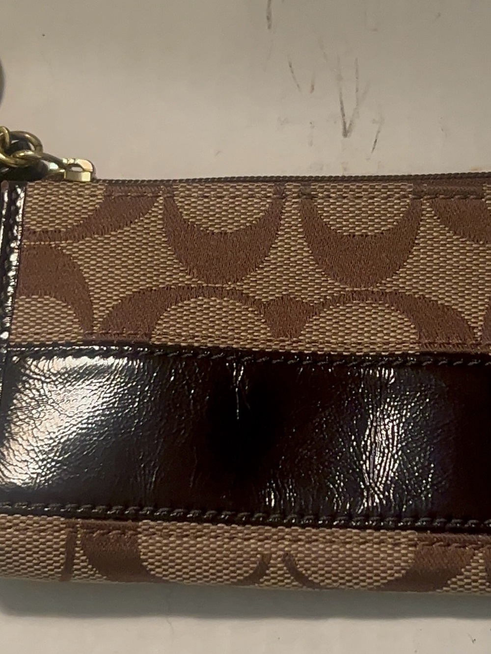 Coach Brown Signature Canvas Card Wristlet with Patent Trim